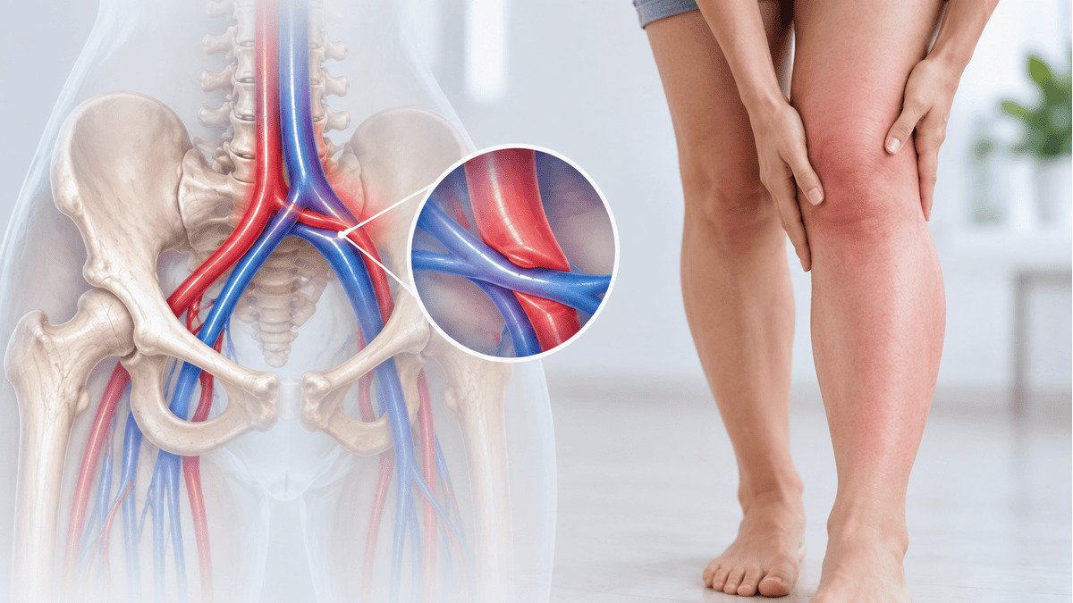 Iliac vein compression syndrome showing the right iliac artery compressing the left iliac vein